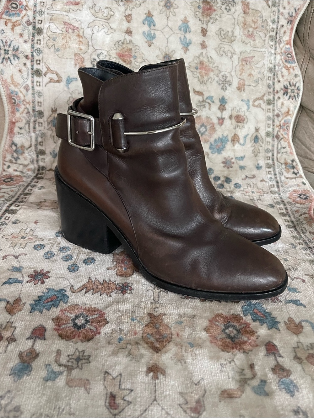 Balenciaga Brown Leather Metal Bar Round Toe Ankle Booties